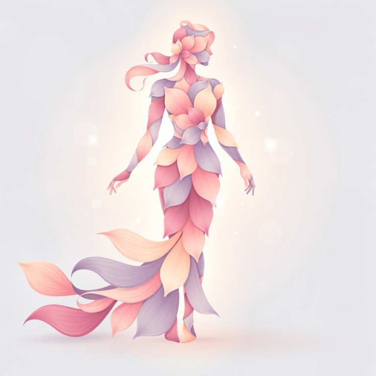 Digital illustration of an elegant female silhouette formed with soft pink and purple floral petals on a light background