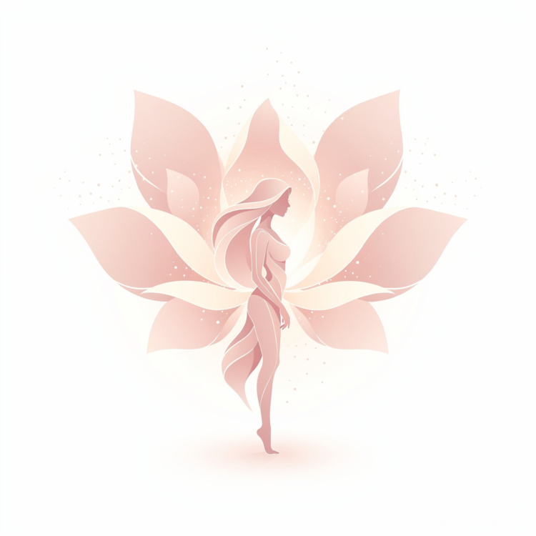 Stylized illustration of a female silhouette gracefully posed with flowing hair, set against a soft pink and cream lotus flower design.