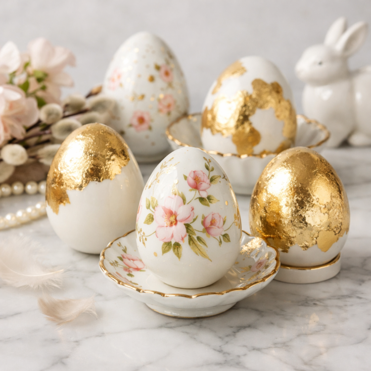 Delicate Easter eggs decorated with floral patterns and gold leaf accents on elegant porcelain holders with a soft spring background