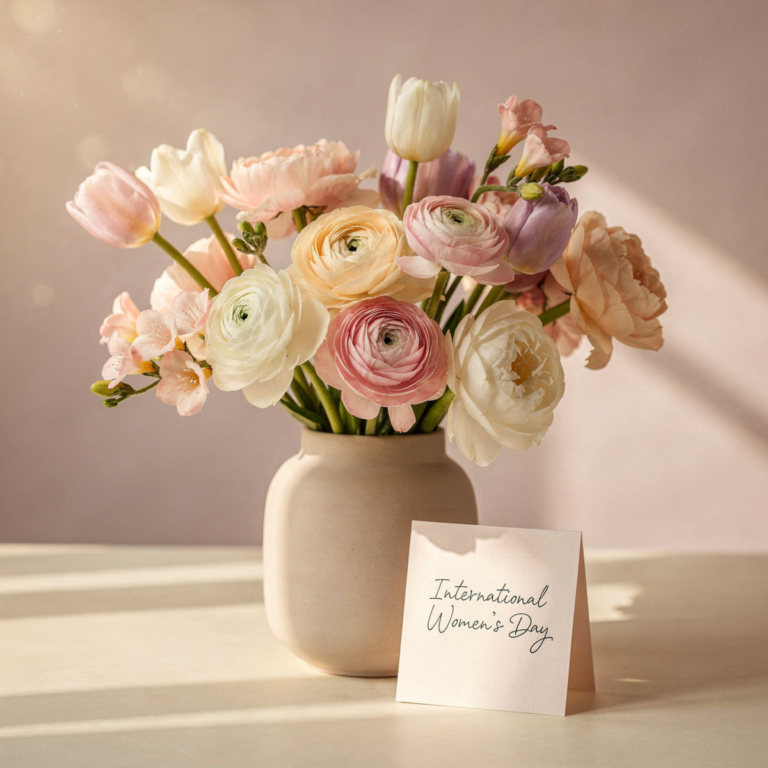Soft pastel flowers in a beige vase with a card reading International Women's Day on a light surface