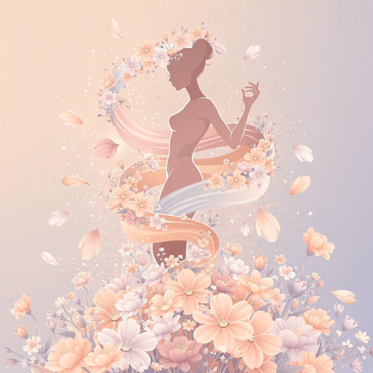 Soft pastel illustration of a female silhouette surrounded by flowing ribbons and delicate flowers in warm tones