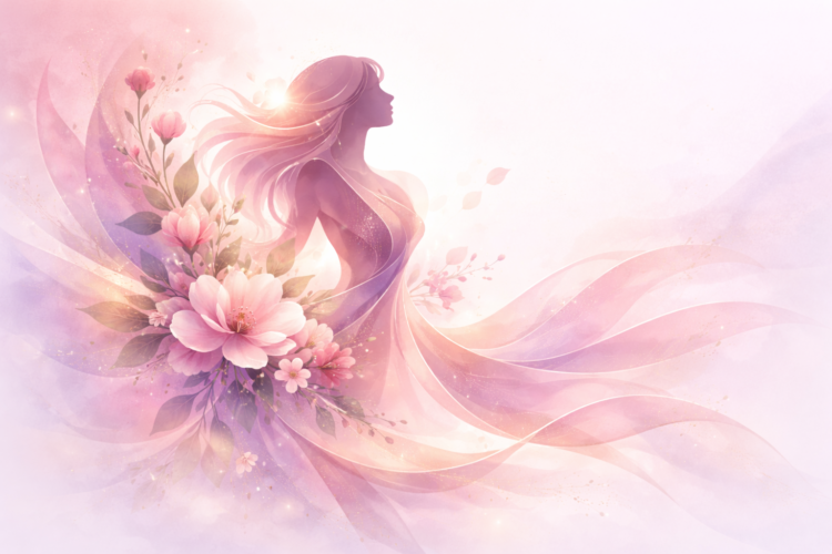 Silhouette of a woman enveloped in flowing pastel pink and purple hues intertwined with blooming flowers and soft light effects