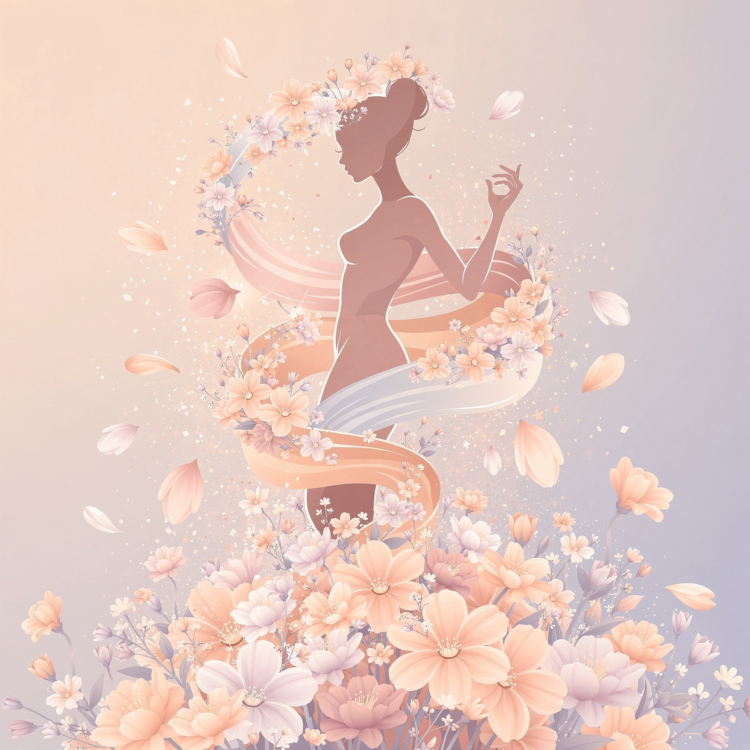 Stylized illustration of a woman silhouette surrounded by flowing floral ribbons and soft petals in pastel tones