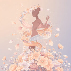 Silhouette of a woman surrounded by soft pastel flowers and flowing ribbons in a gentle artistic style