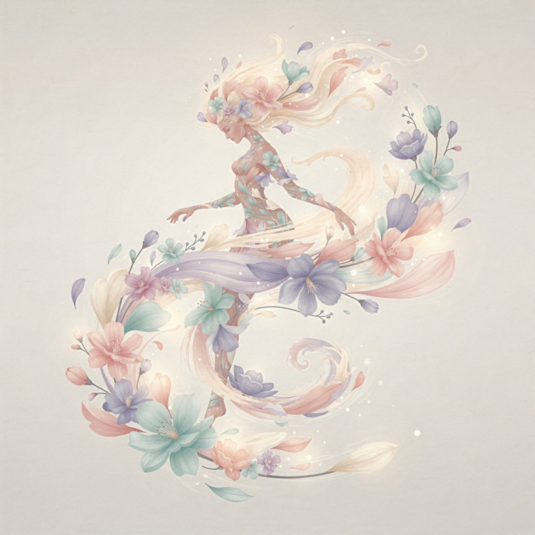 Delicate illustration of a woman intertwined with pastel flowers and flowing hair in soft colors