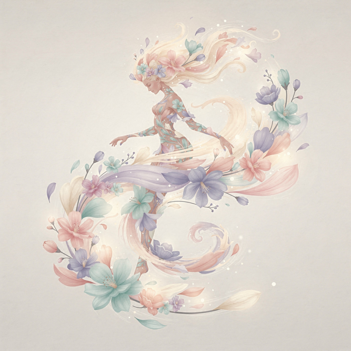 Delicate illustration of a woman intertwined with pastel flowers and flowing hair in soft colors