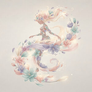 Delicate illustration of a woman intertwined with pastel flowers and flowing hair in soft colors