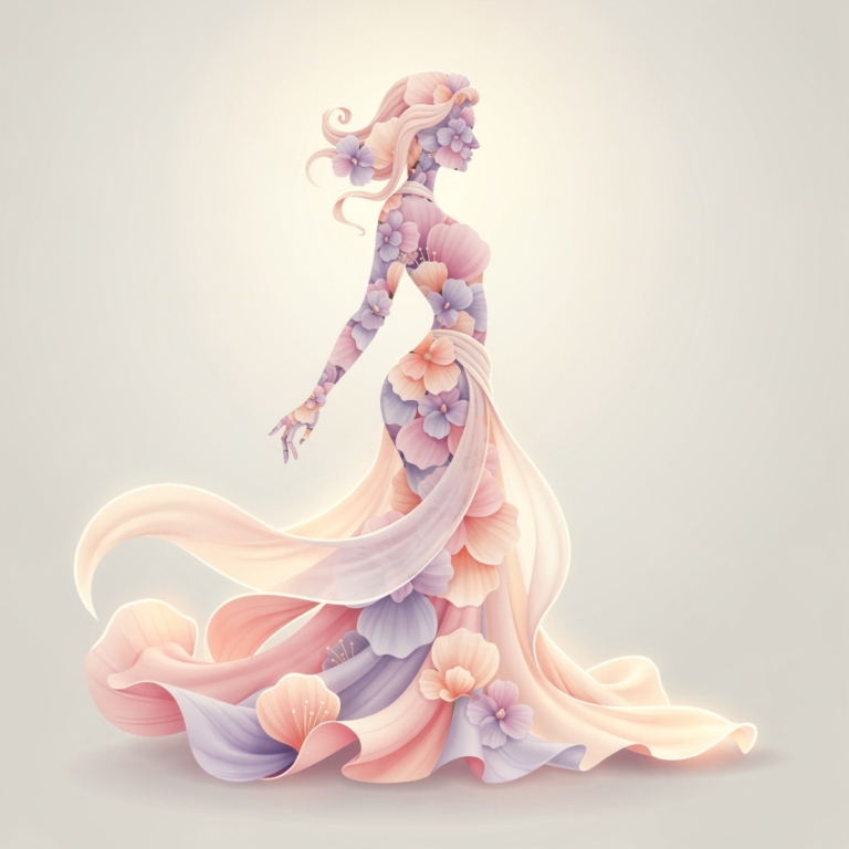 Illustration of a graceful woman silhouette filled with pastel flowers and flowing fabric, symbolizing femininity and celebration