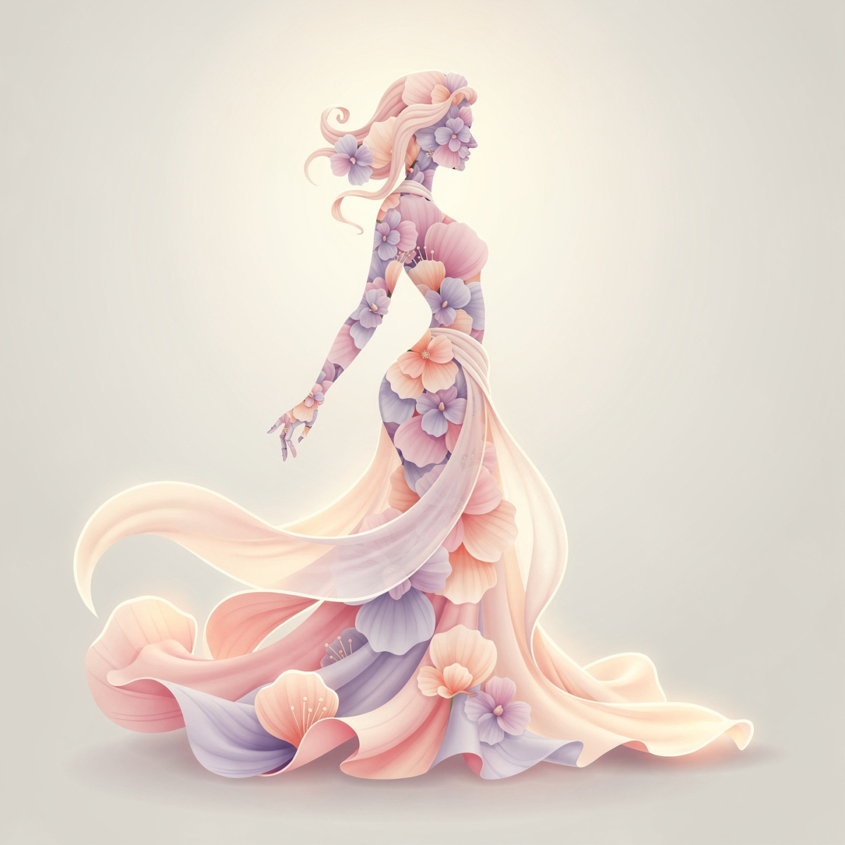 Illustration of a graceful woman silhouette filled with pastel flowers and flowing fabric, symbolizing femininity and celebration