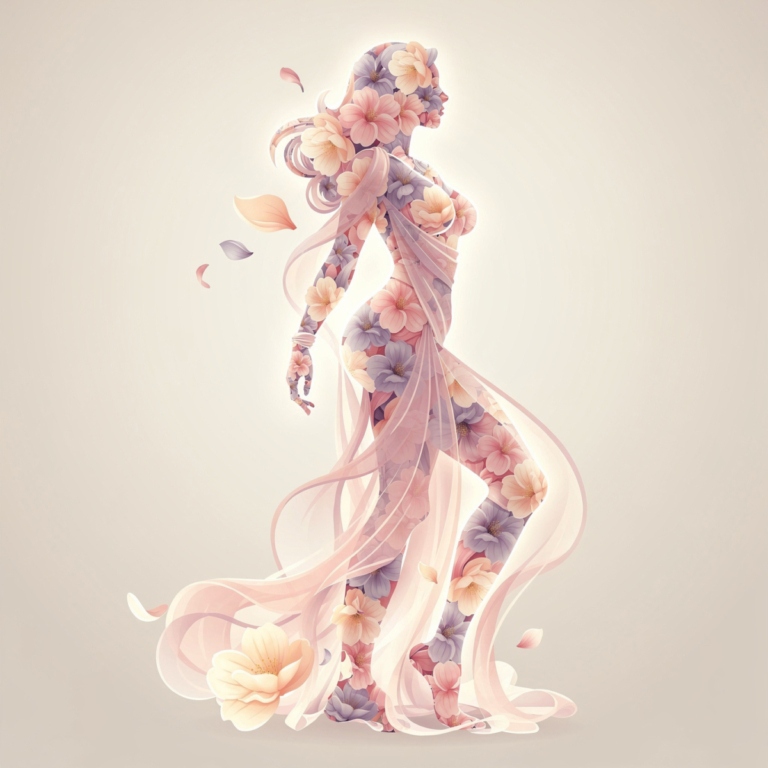 Silhouette of a woman formed by pastel-colored flowers with flowing translucent fabric ribbons