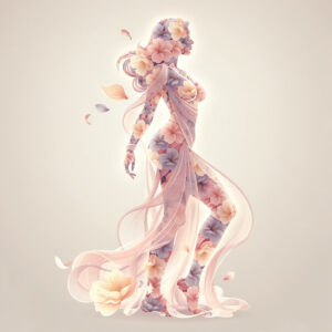 Silhouette of a woman formed by pastel-colored flowers with flowing translucent fabric ribbons