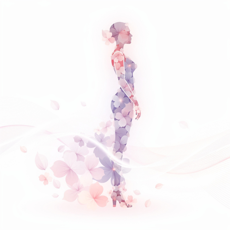 Digital illustration of a woman's silhouette decorated with soft pastel pink and purple flowers blending into a flowing floral background
