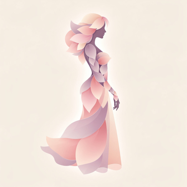 Abstract female silhouette composed of soft pastel pink and purple floral shapes on a light background.