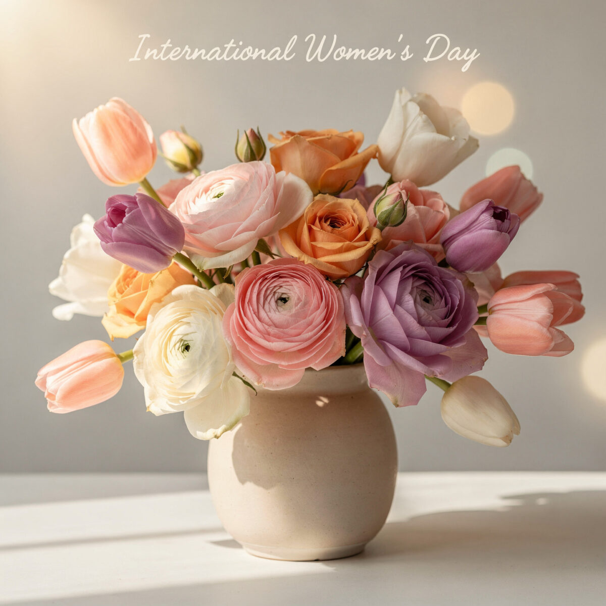 A beige vase holding a colorful bouquet of roses, tulips, and ranunculus flowers with text International Women's Day above