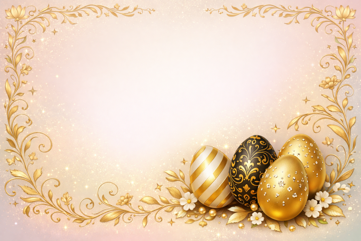 Decorative golden floral frame with sparkling golden and black Easter eggs arranged on a soft pink glittery background