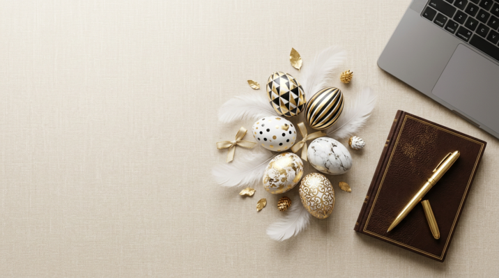 Golden and white decorated Easter eggs with feathers on beige fabric next to a leather notebook, gold pen, and laptop corner