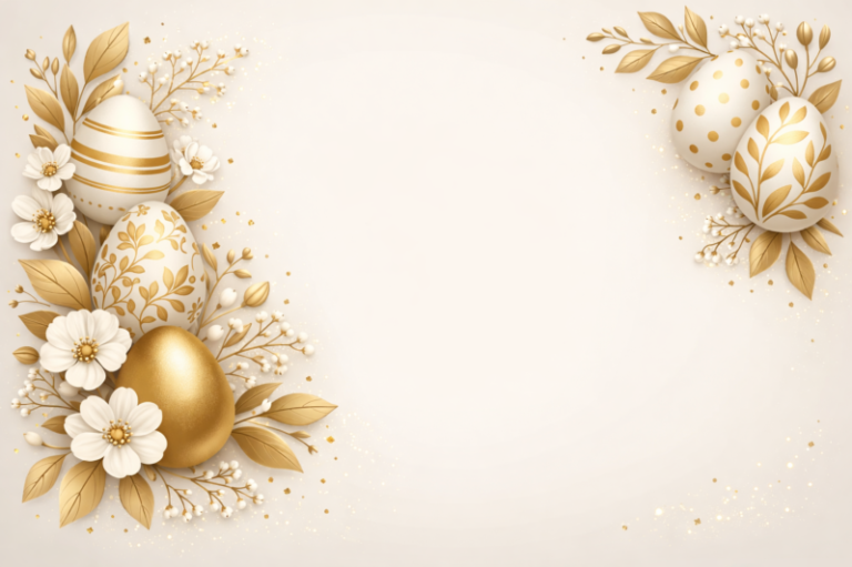 Decorative gold and white Easter eggs with floral and leaf patterns surrounded by white flowers and golden leaves on a light background