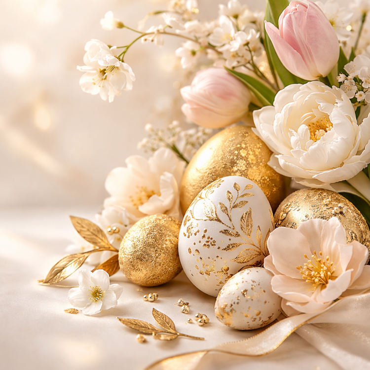 A close-up of golden and white decorated Easter eggs nestled among soft pink tulips and white flowers on a light fabric background.