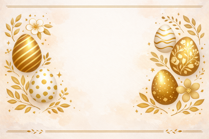 Decorative golden and white Easter eggs with floral and leaf motifs on a soft beige background.