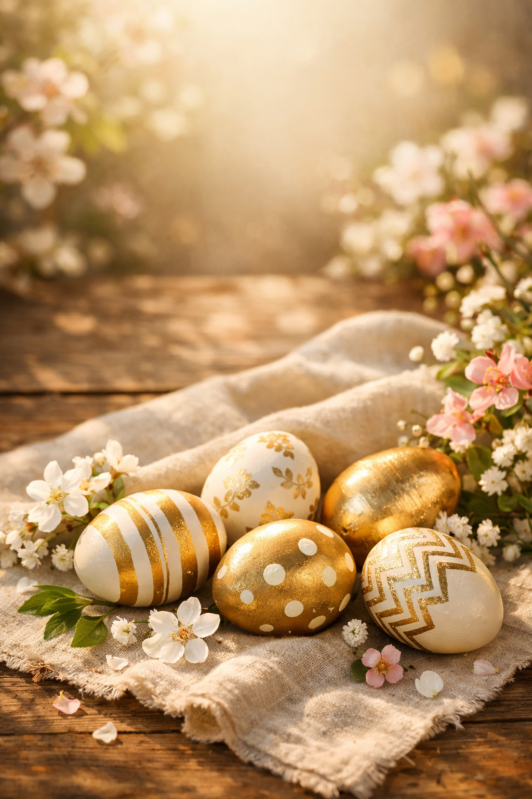 Golden and white decorated Easter eggs with floral and geometric patterns rest on a cloth surrounded by spring blossoms.