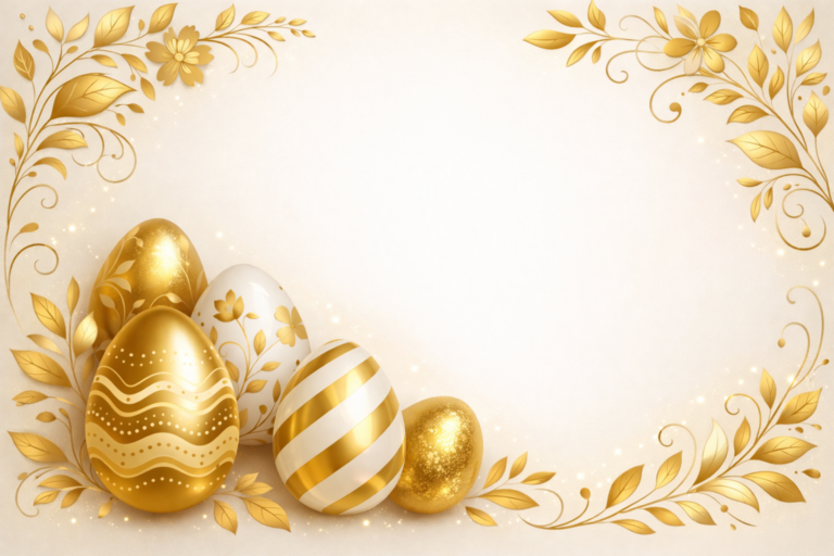Arrangement of shiny gold and white Easter eggs with intricate patterns surrounded by a golden floral decorative frame