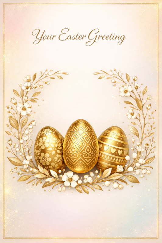 Three intricately designed golden Easter eggs nestled in a delicate floral wreath on a soft pastel background