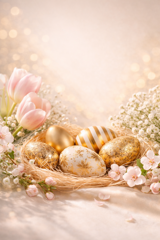 Decorative golden Easter eggs nestled in a straw nest surrounded by pink tulips and white blossoms with a soft glowing background