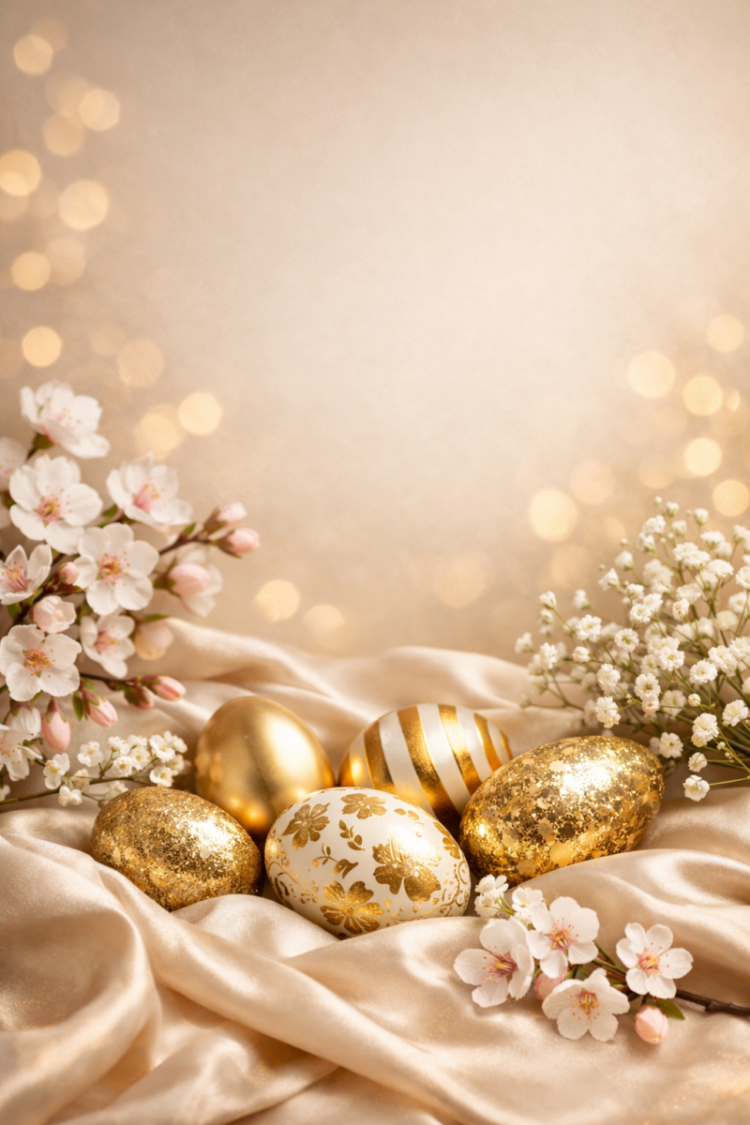 A collection of elegant golden Easter eggs nestled on a silky fabric, surrounded by delicate spring blossoms and soft bokeh lights