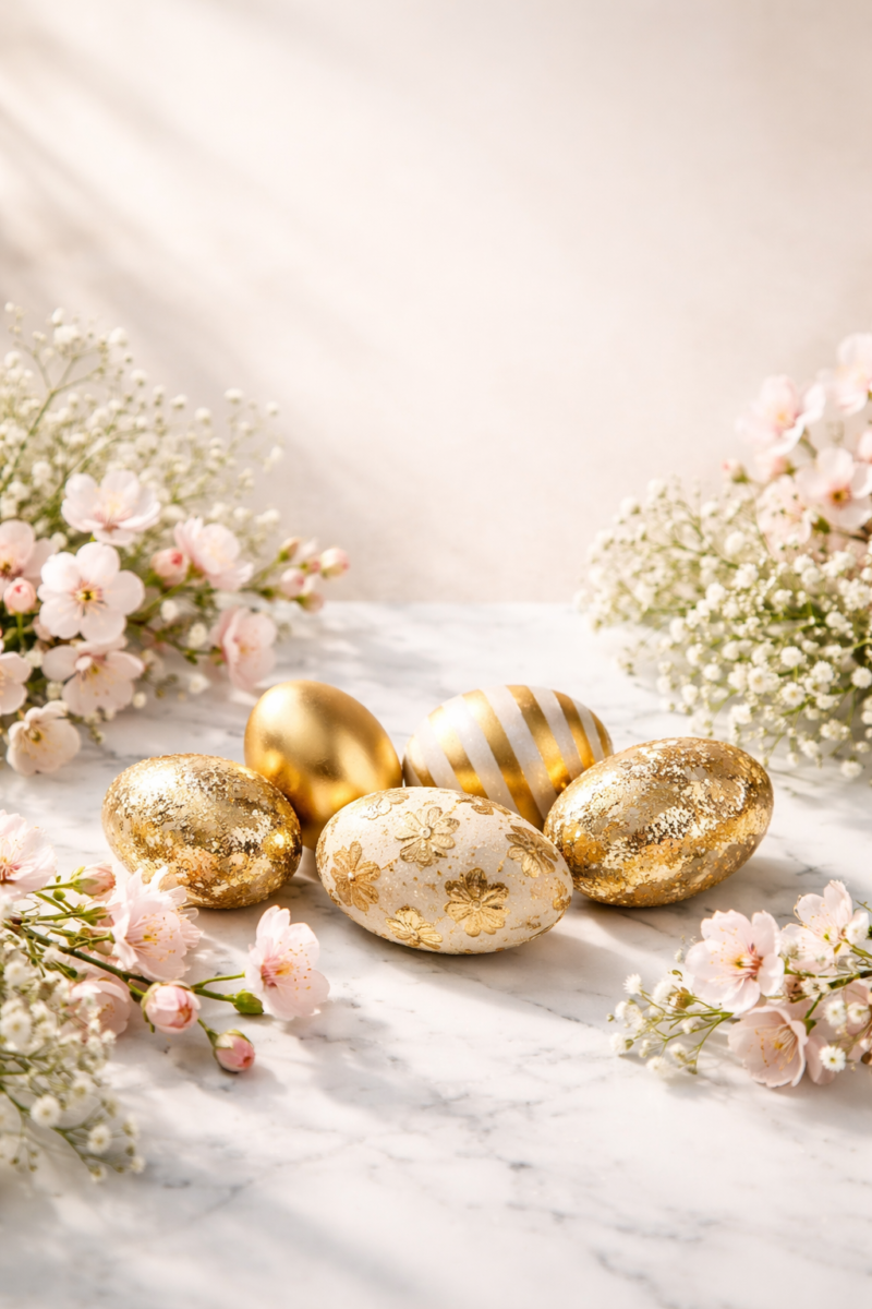 Five decorative Easter eggs in gold and white with floral and striped patterns, surrounded by delicate pink cherry blossoms on marble surface