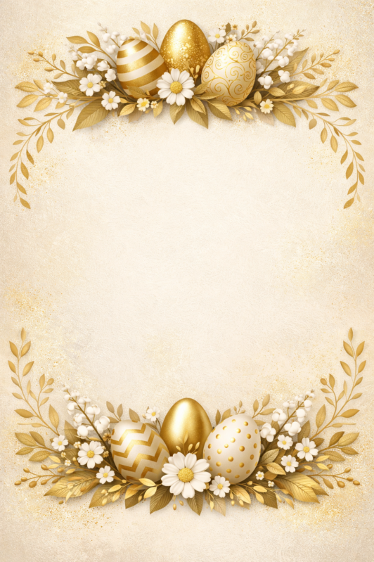 Decorative Easter frame with gold and white patterned eggs and golden leaves on a cream textured background