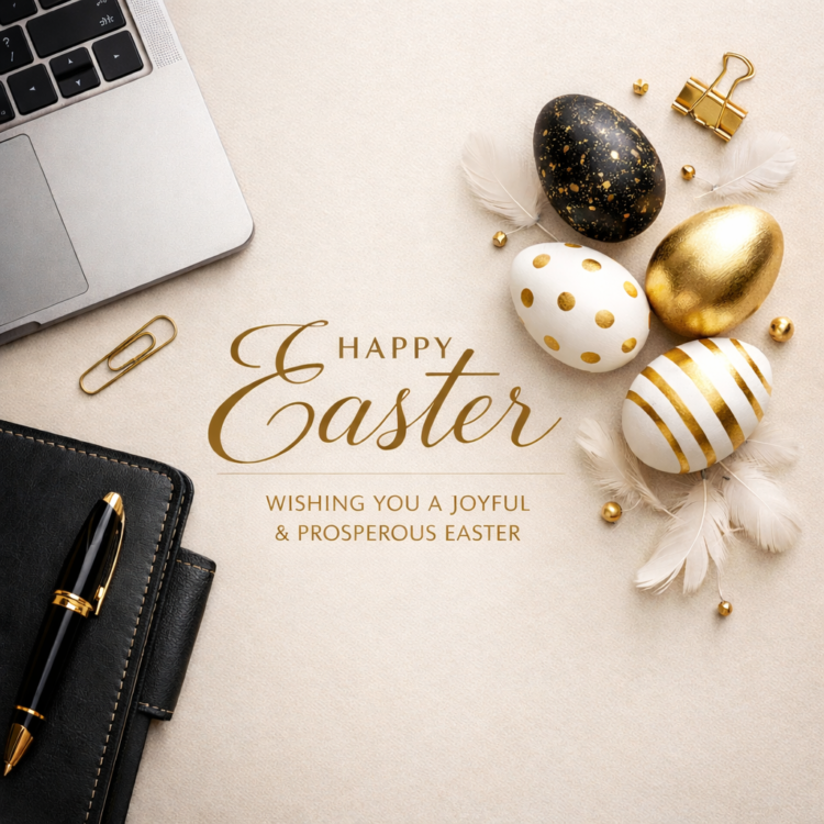 Stylish Easter greeting with gold themed decorated eggs and office supplies on beige background