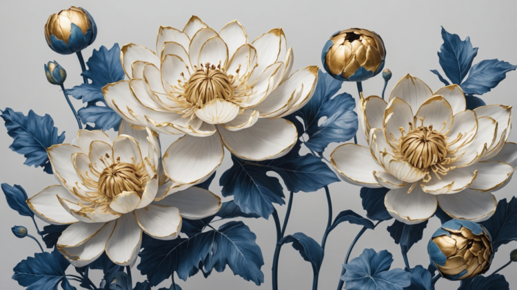 Close-up of elegant white lotus flowers with gold accents and deep blue leaves on a soft gray background.