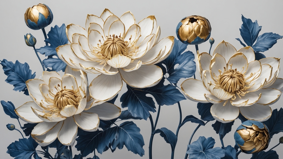 Close-up of elegant white lotus flowers with gold accents and deep blue leaves on a soft gray background.