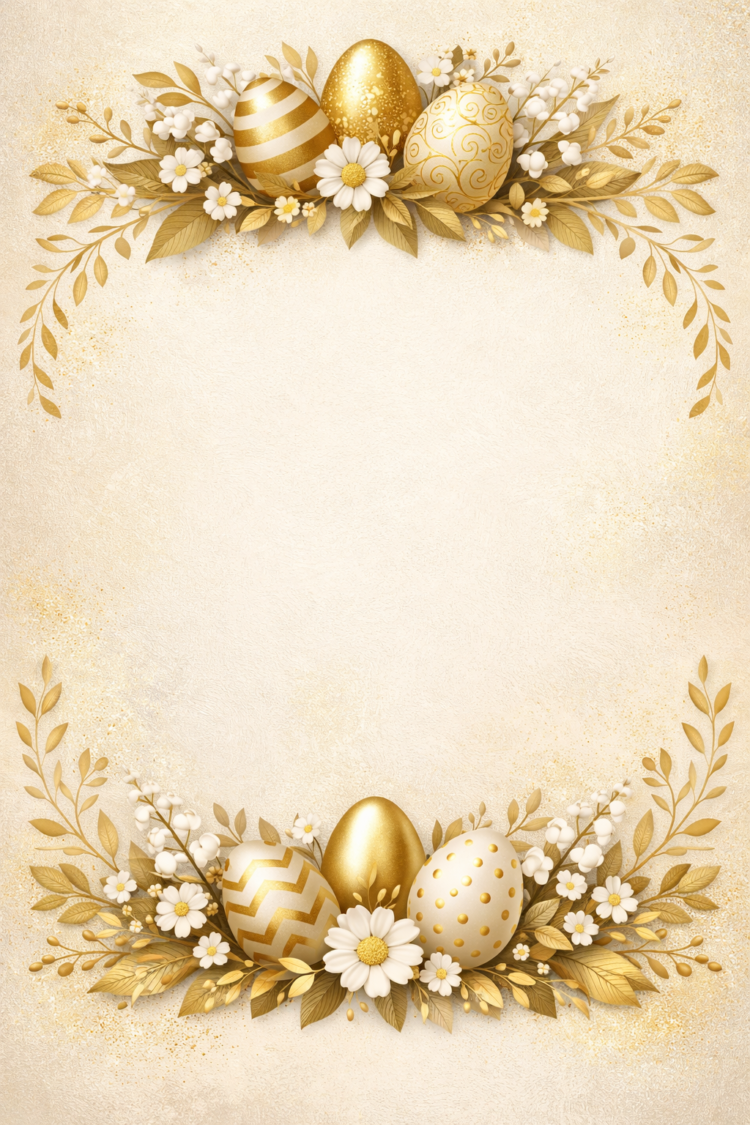 Golden and white decorated Easter eggs with flowers and leaves forming a festive floral frame on cream background