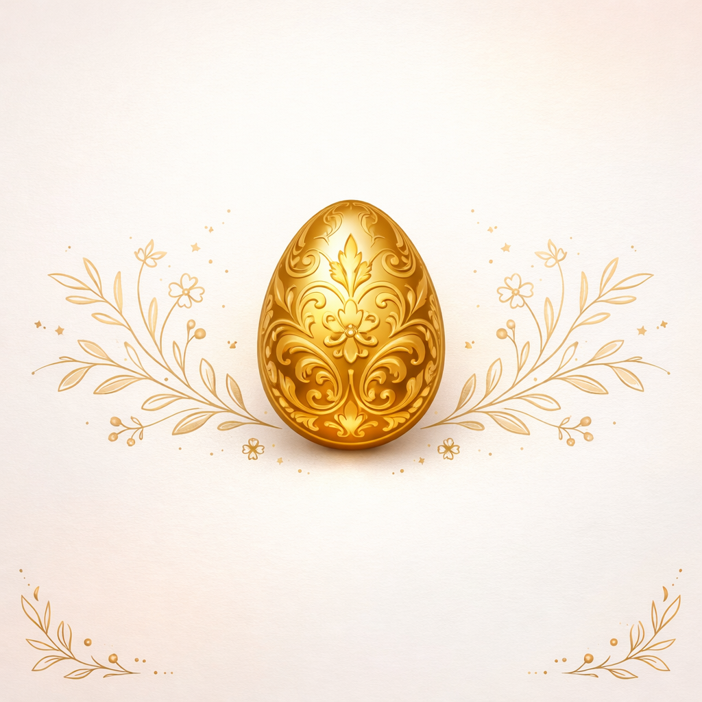 Golden Easter egg adorned with intricate floral and scrollwork designs on a soft light background with decorative golden foliage