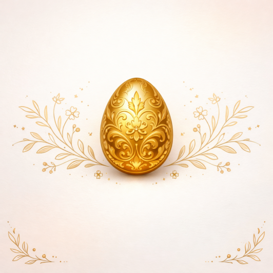 Golden Easter egg adorned with intricate floral and scrollwork designs on a soft light background with decorative golden foliage