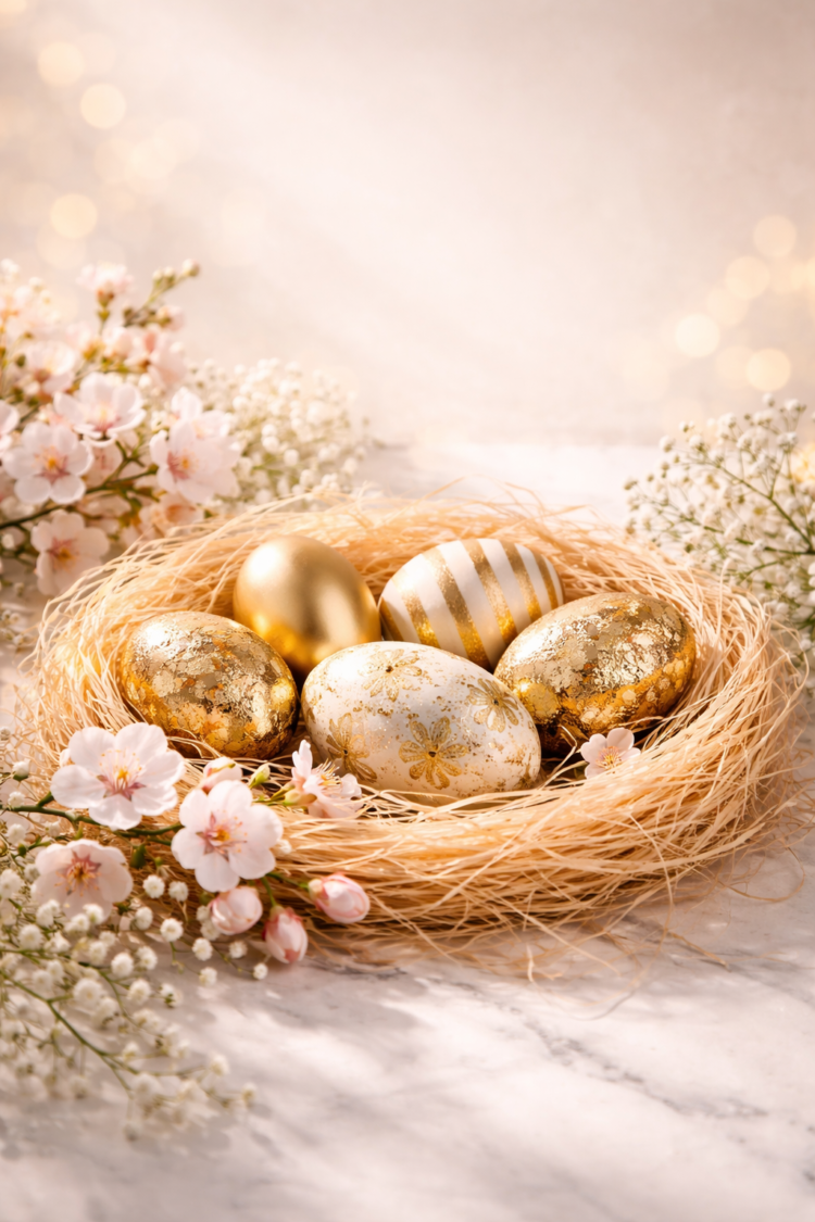 Nest filled with elegantly decorated golden Easter eggs surrounded by soft pink and white flowers on marble surface