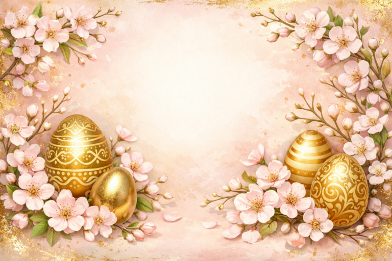 Ornate golden Easter eggs surrounded by delicate pink cherry blossoms on soft pastel background