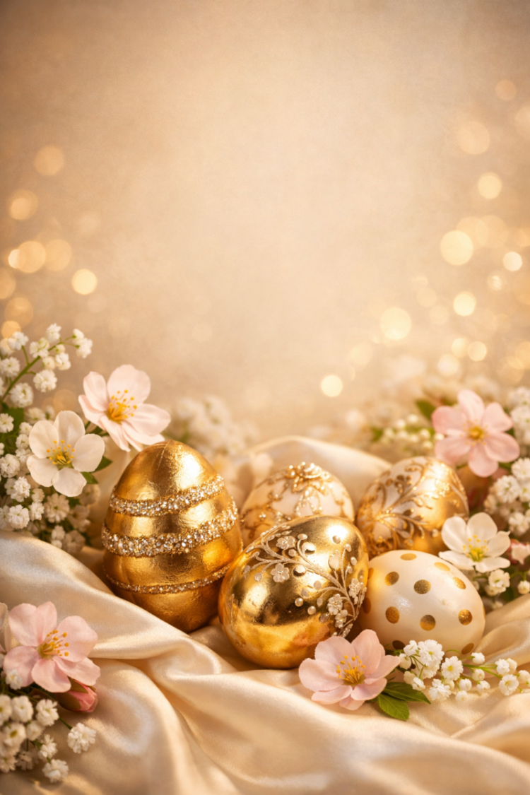 Decorative golden Easter eggs with intricate floral designs and polka dots, surrounded by delicate pink and white spring flowers on a satin cloth