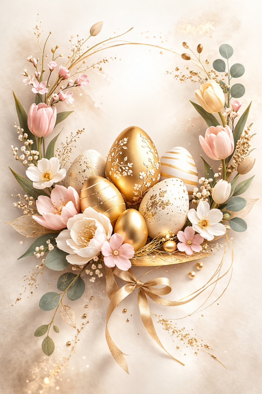 Arrangement of gold and white decorated Easter eggs surrounded by soft pink and white spring flowers with greenery and golden ribbon