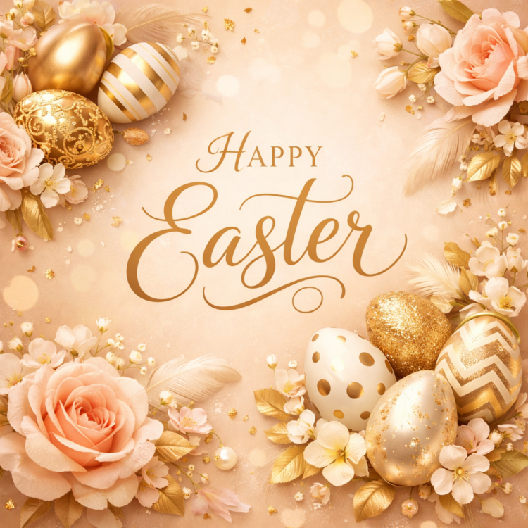 Happy Easter greeting with elegant gold decorated eggs and soft peach floral arrangement on a warm background