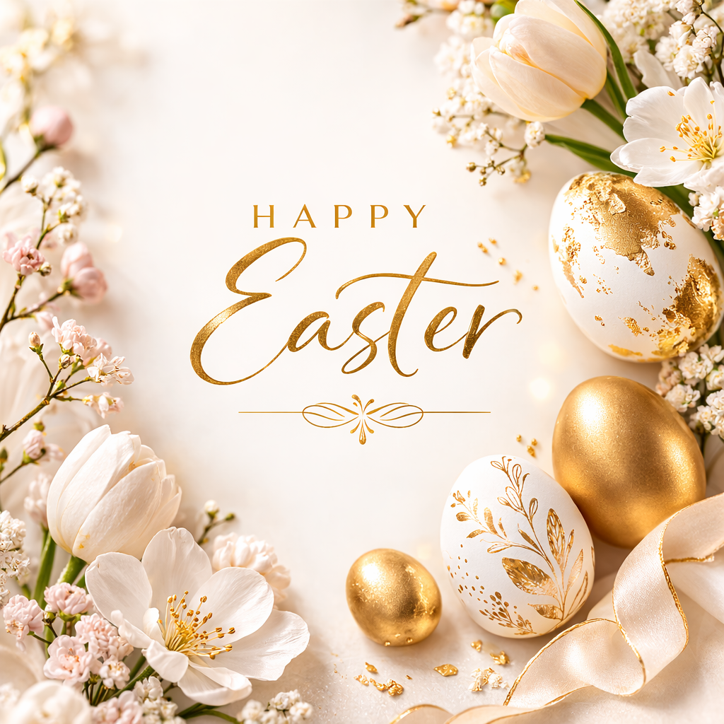 Elegant Happy Easter greeting card featuring golden decorative eggs and white flowers with soft lighting