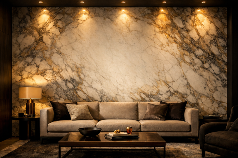 Luxurious living room featuring a large beige sofa, marble accent wall, warm lighting, and stylish coffee table