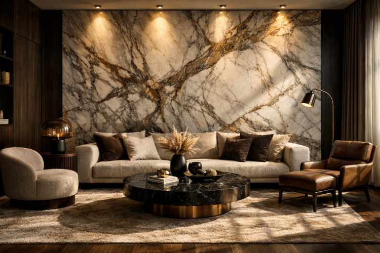 Sophisticated living room featuring a beige sofa, dark brown armchair, and large marble accent wall under soft warm lighting