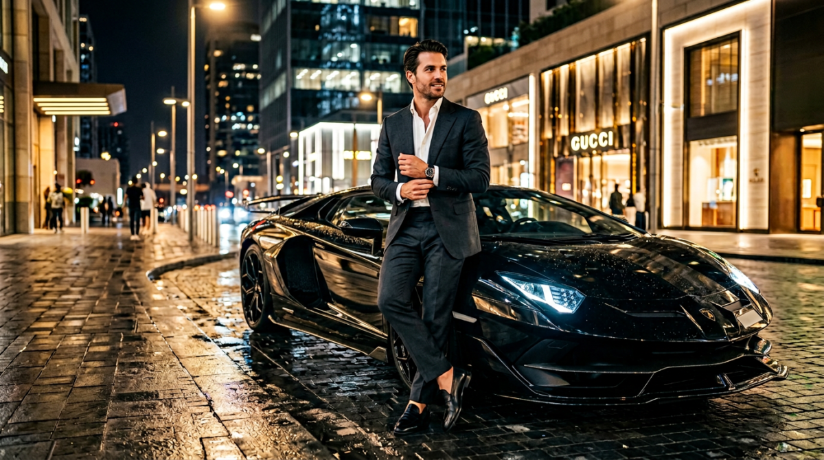 Stylish man in dark suit posing casually next to a sleek black sports car on a city street illuminated with warm lights