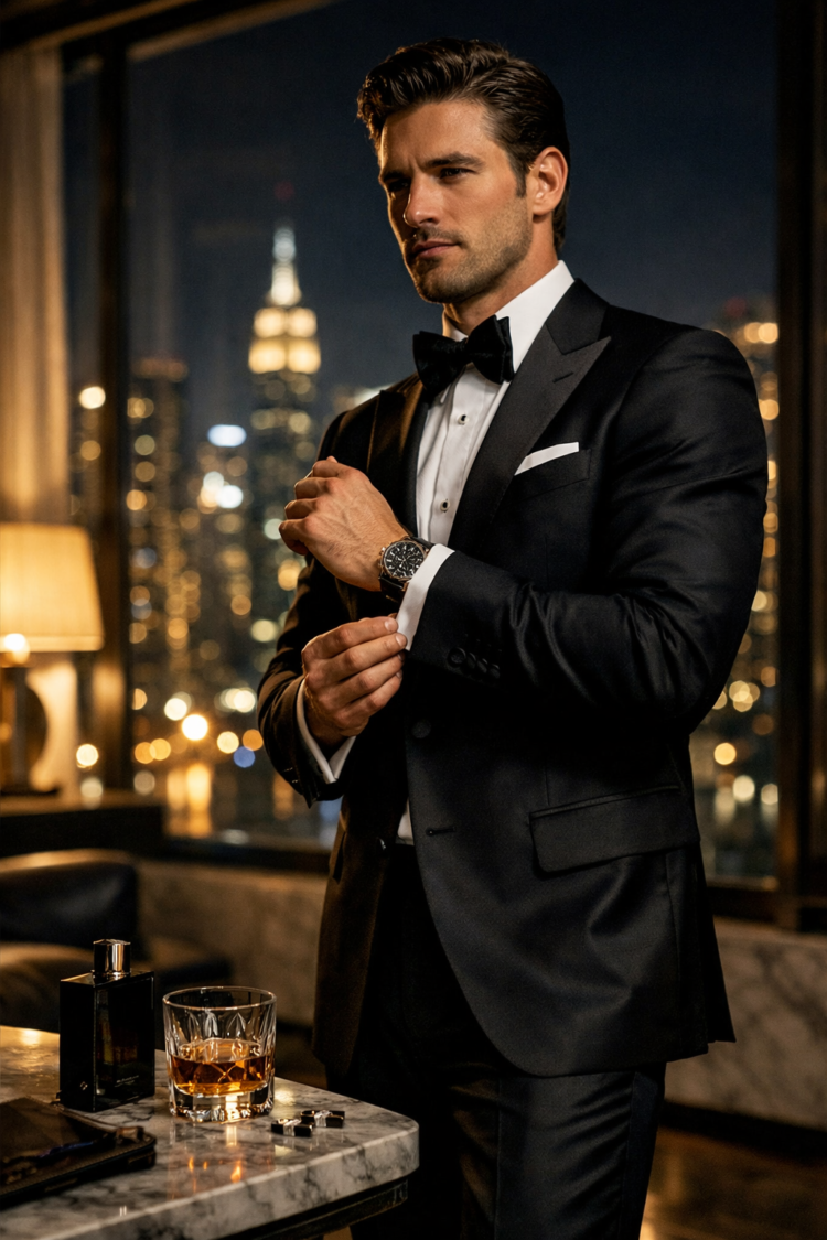 A well-dressed man in a black tuxedo and bowtie adjusts his cufflinks in a sophisticated indoor setting at night.