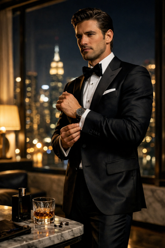 Handsome man wearing a black tuxedo with bow tie adjusting his cufflinks in a luxurious room with city lights in background
