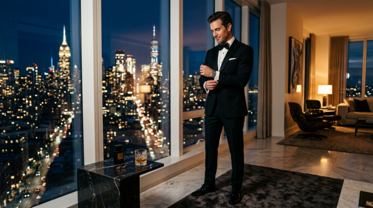 Stylish man adjusting his cufflinks while wearing a black tuxedo in a modern apartment with a stunning night city skyline through large windows.