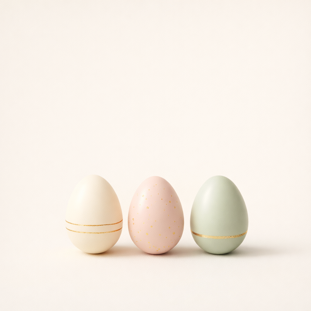 Three pastel Easter eggs in cream, pink, and sage green with subtle gold accents on a soft beige background