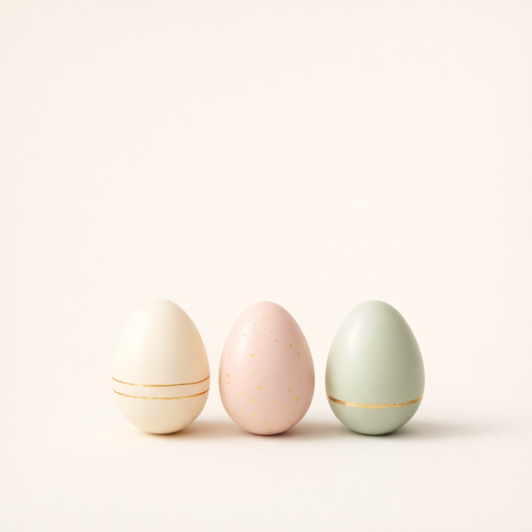 Three pastel Easter eggs in cream, pink, and sage green with subtle gold accents on a soft beige background